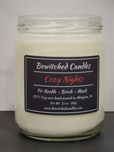 Load image into Gallery viewer, 100% Soy wax candle called Cozy Nights. One of the best smelling candles hand poured into USA made glass jars using premium fragrance oils. Notes of Fir Needle , Birch, Musk