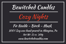 Load image into Gallery viewer, 100% Soy wax candle called Cozy Nights. One of the best smelling candles hand poured into USA made glass jars using premium fragrance oils. Notes of Fir Needle , Birch, Musk