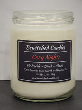 Load image into Gallery viewer, 100% Soy wax candle called Cozy Nights. One of the best smelling candles hand poured into USA made glass jars using premium fragrance oils. Notes of Fir Needle , Birch, Musk
