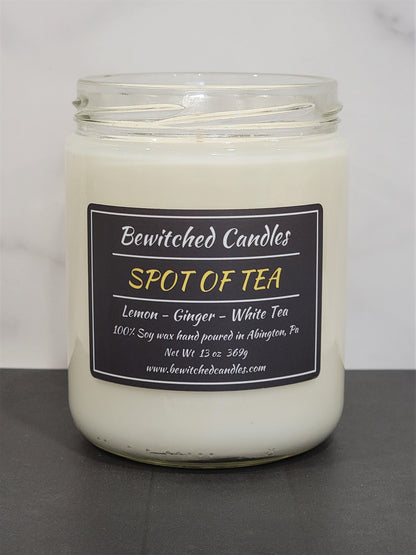 100% Soy wax candle hand poured in our USA made glass jars using premium fragrance oils cotton wicks with hints of Lemon, Ginger, White Tea